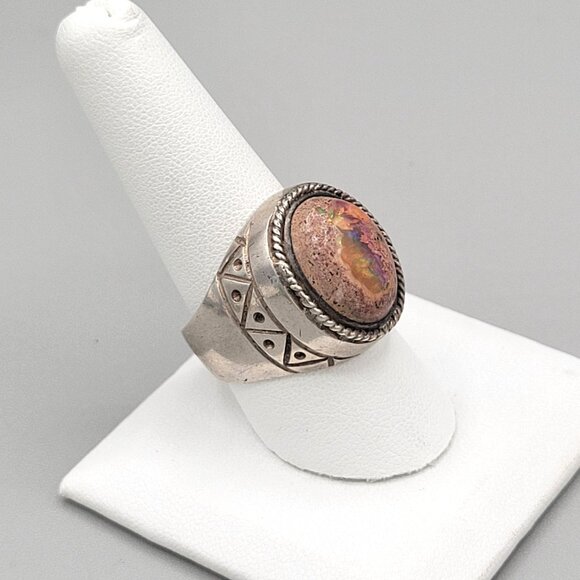 Mexican Cantera Fire Opal Mens Ring Sterling Silver Twisted Rope Border 9 3/4 - Picture 3 of 11